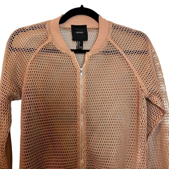 Forever 21 Netted Cropped Tan Front Zip Bomber Jacket Coverup  Sz.S - Picture 4 of 8